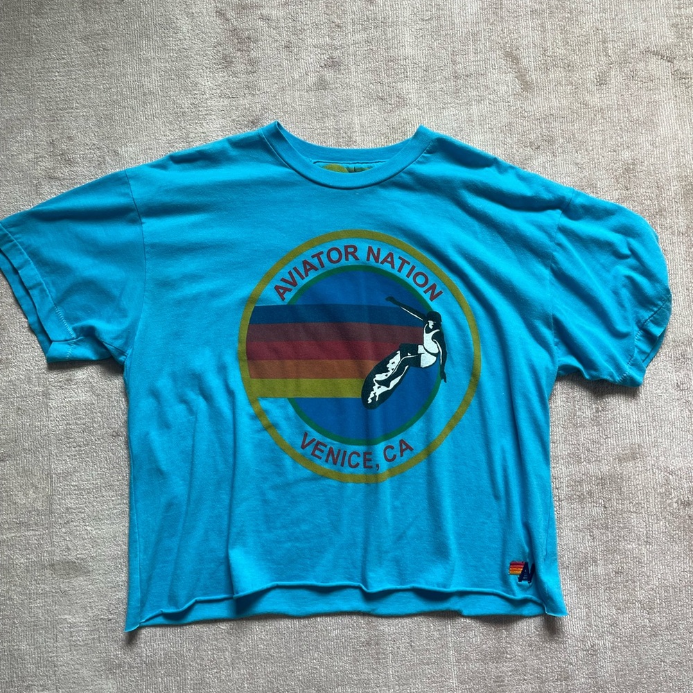 AVIATOR NATION Cropped Boyfriend Tee Neon Blue Large